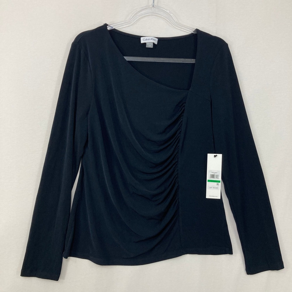 Calvin Klein Navy Long-Sleeve Draped Front Top